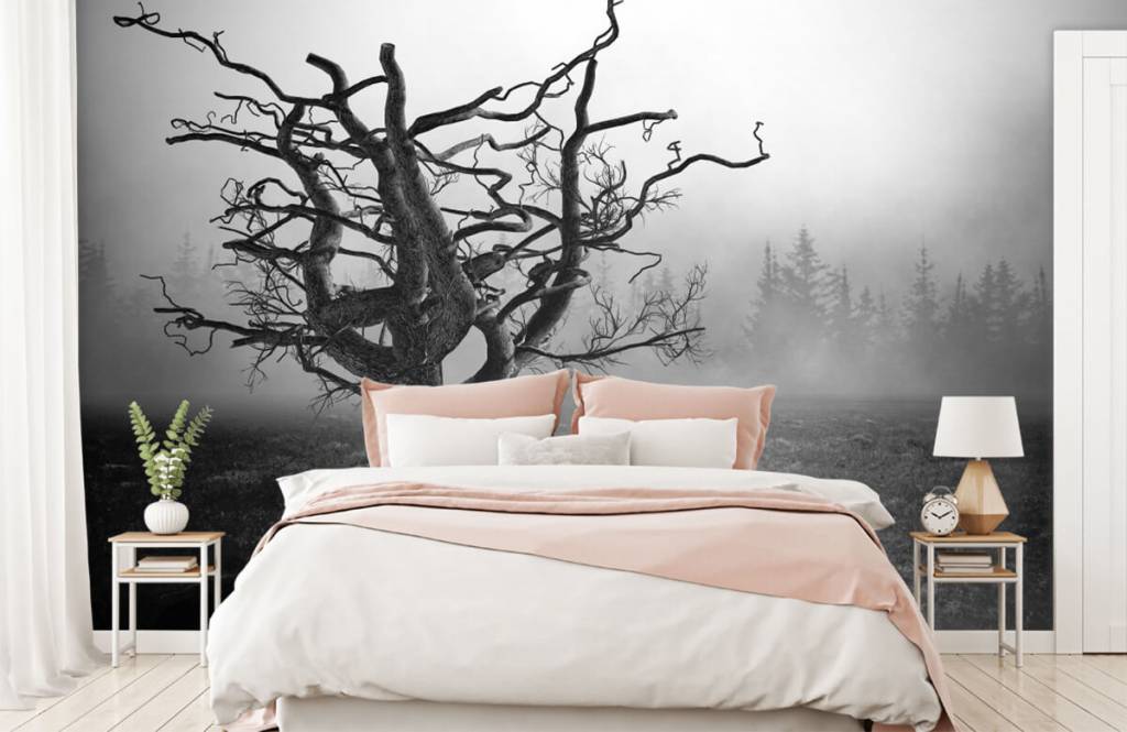 Schwarzweiß Tapete - Eleganter Baum in schwarz / weiß - Schlafzimmer 2
