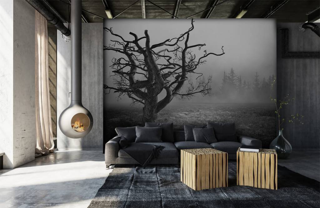 Schwarzweiß Tapete - Eleganter Baum in schwarz / weiß - Schlafzimmer 6
