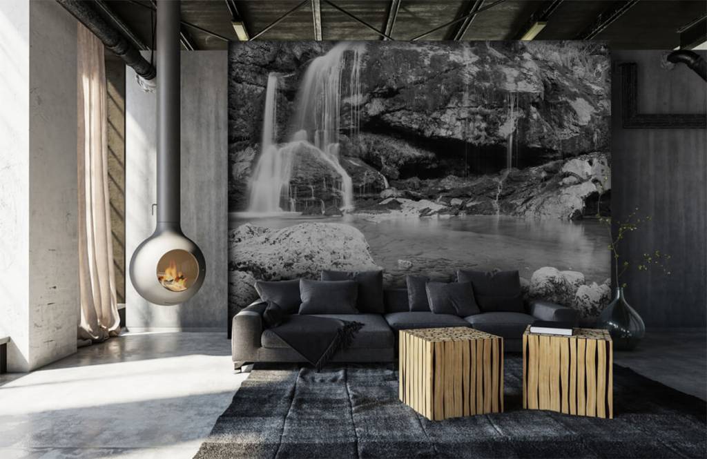 Schwarzweiß Tapete - Wasserfall über Stein - Schlafzimmer 7