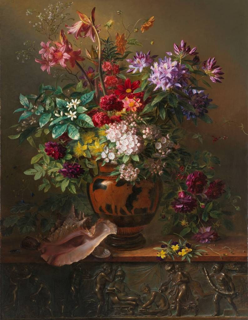Stillleben mit Blumen in einer griechischen Vase.