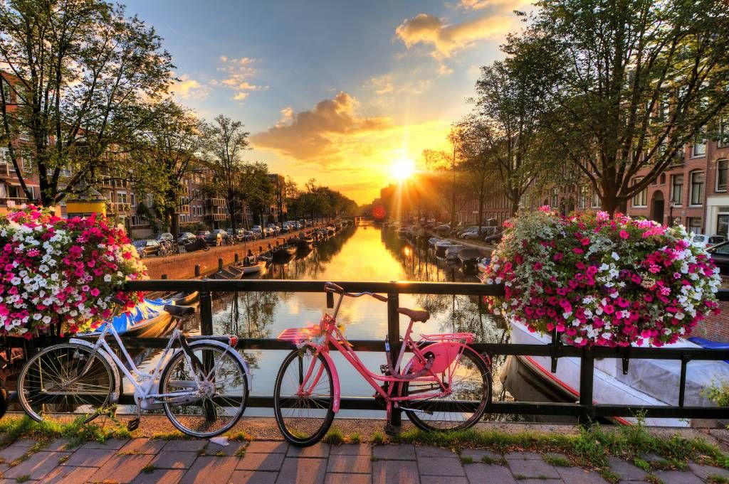 Fahrräder auf der Brücke mit Blumen