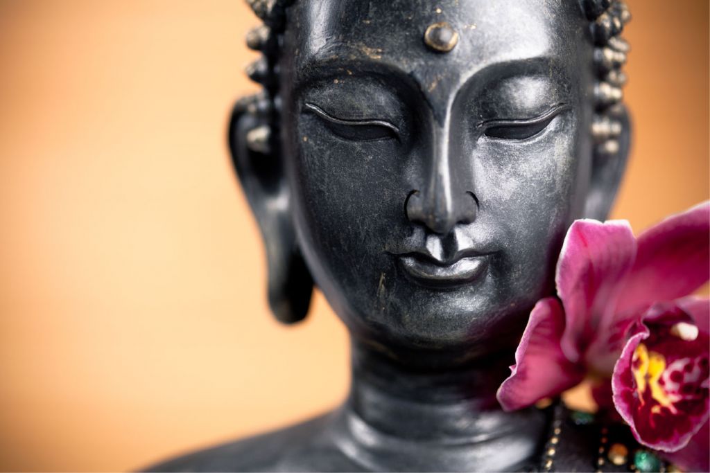 Buddha und rosa Orchidee
