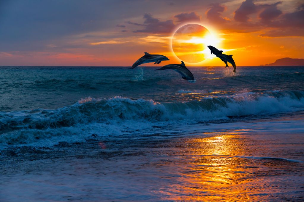 Delfine mit Sonnenuntergang
