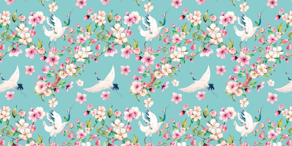 Kraniche zwischen rosa Blumen