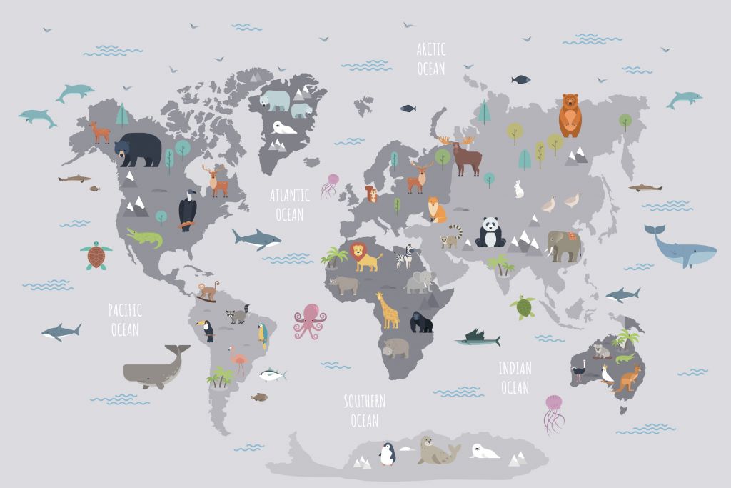 Weltkarte mit wilden Tieren