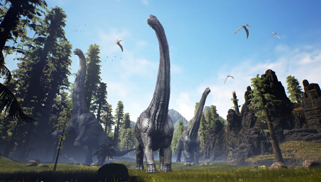 Alamosaurus-Gruppe bei der Wanderung durch ein Tal