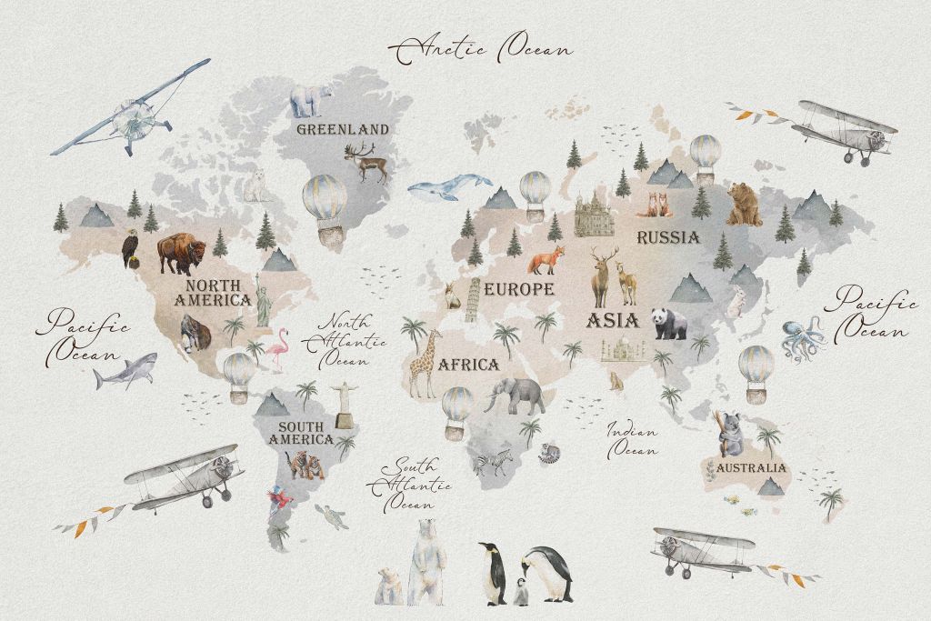 Weltkarte mit verschiedenen Tieren