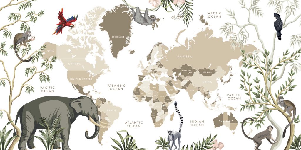 Weltkarte mit Dschungeltieren