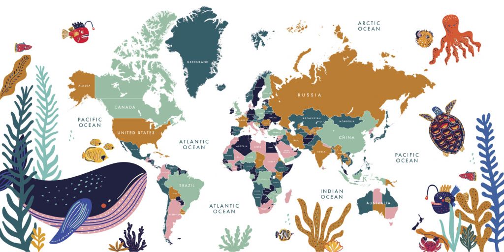 Weltkarte mit Meerestieren