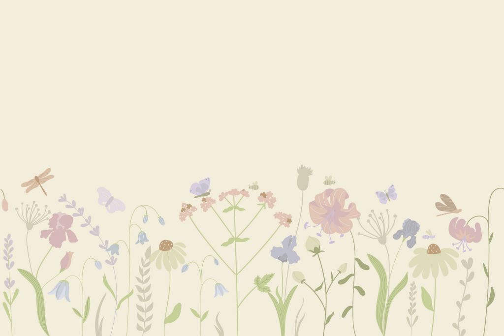Blumenfeld mit Schmetterlingen beige, altrosa, grün und fliederfarben