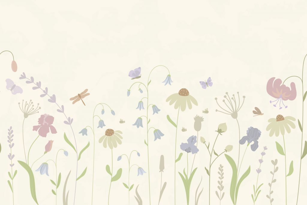 Blumenfeld hoch mit Schmetterlingen beige, altrosa, grün und flieder