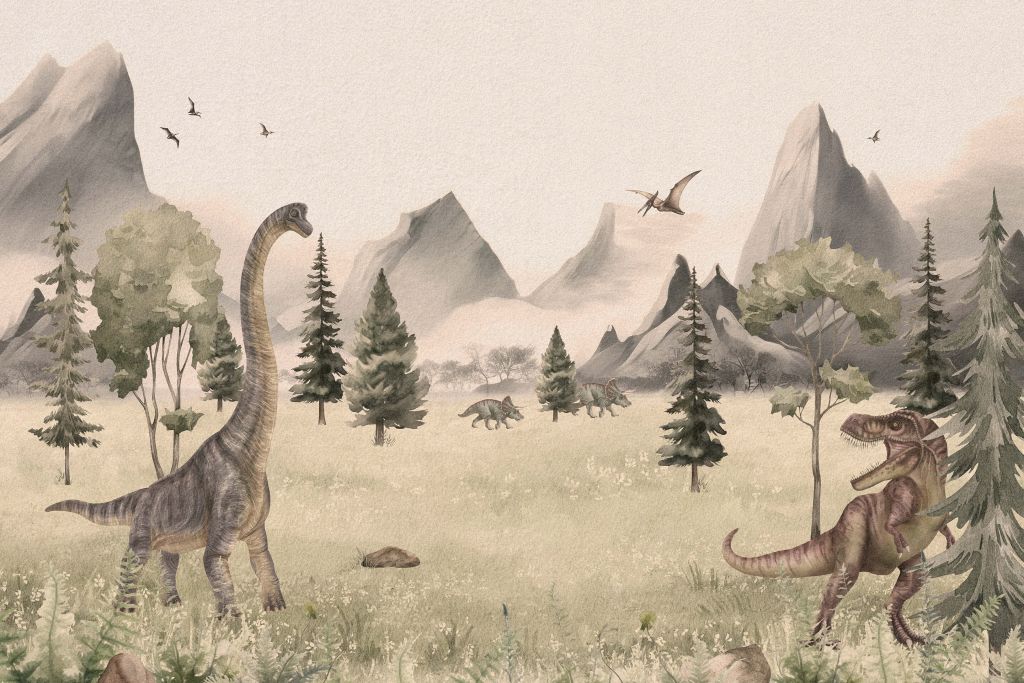 Landschaft mit Dinosauriern in beige