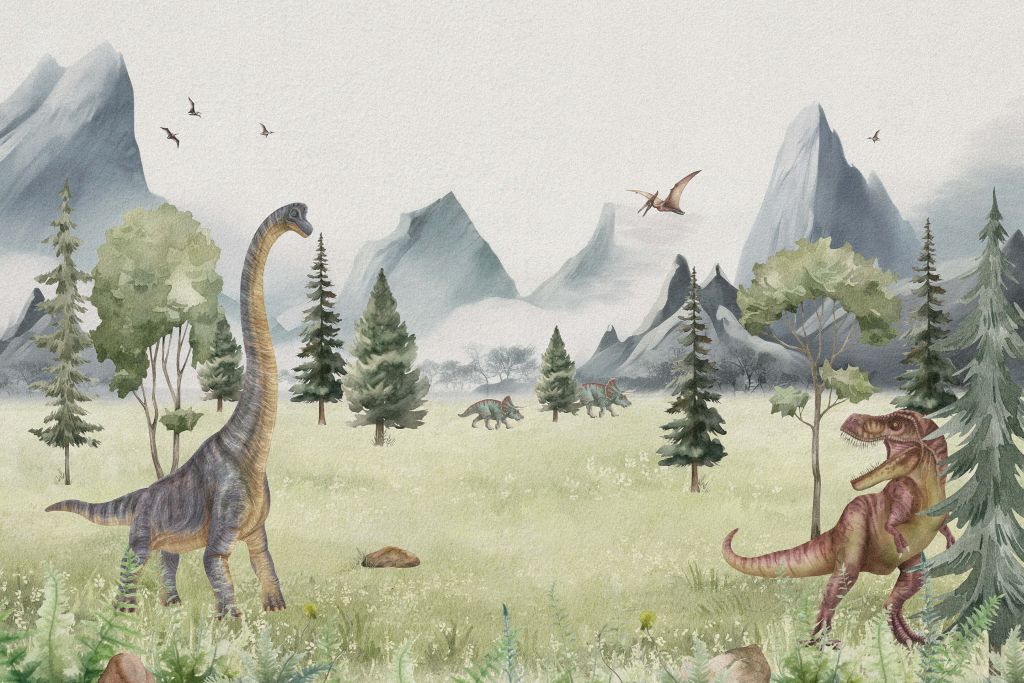 Landschaft mit Dinosauriern in Farbe
