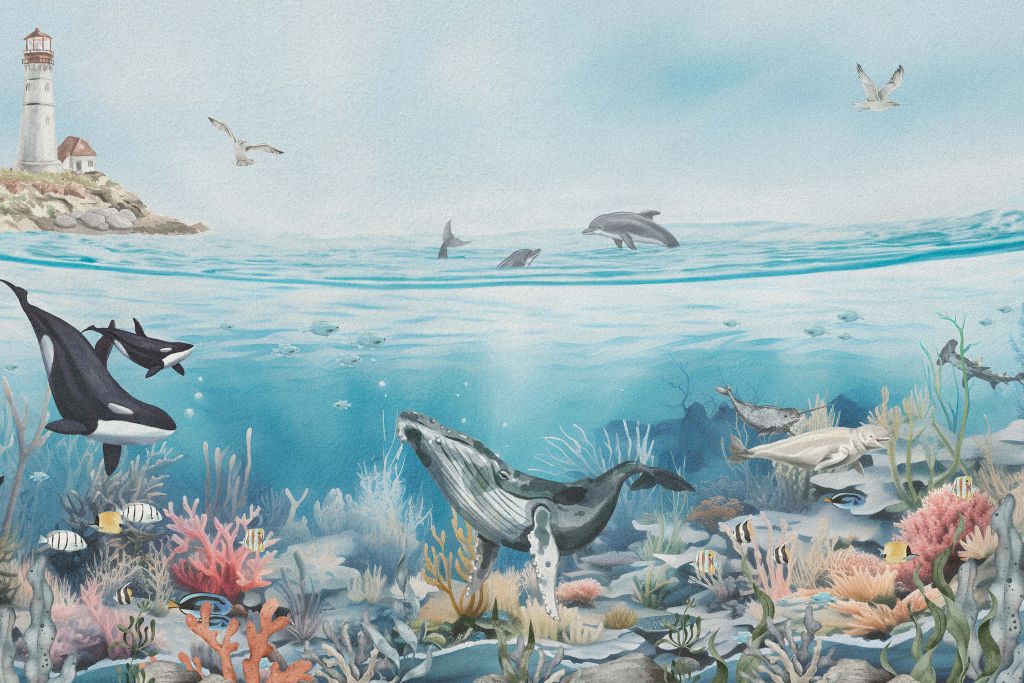 Meereslandschaft mit Tieren in Farbe