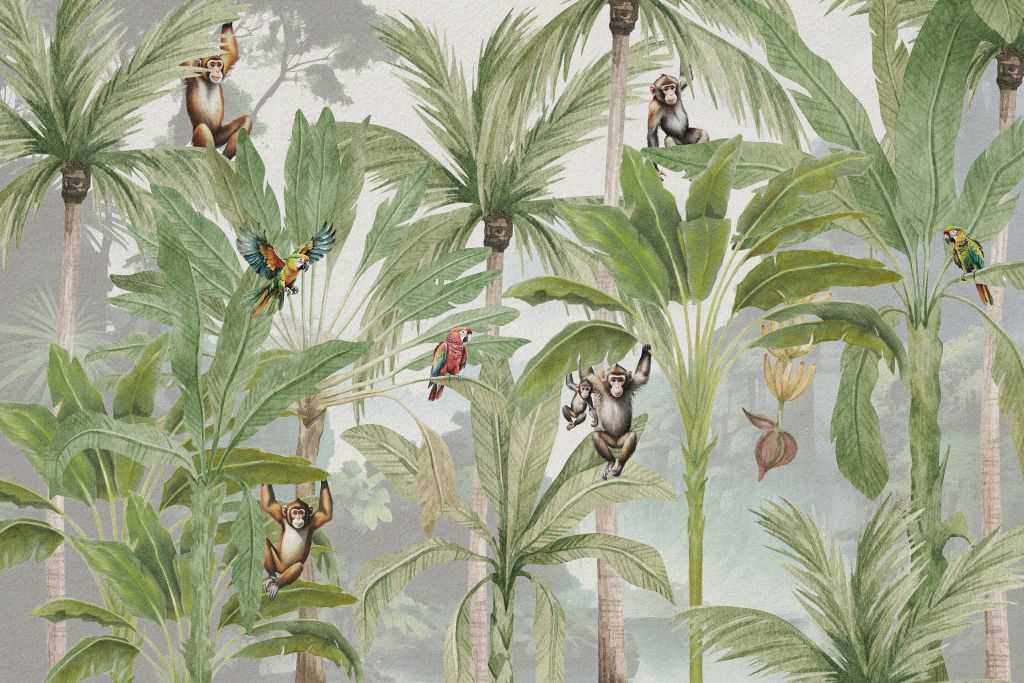 Dschungel mit Affen und Papageien in Farbe