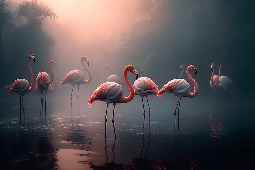Nebeliger Flamingo Morgendämmerung