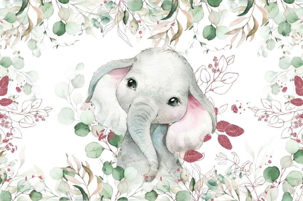 Elefantenbaby mit Minze und rosa Blättern