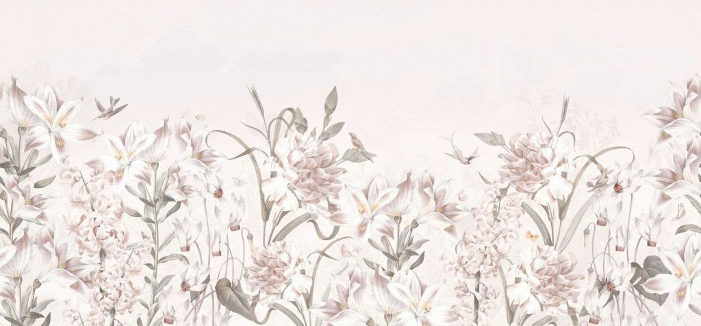 Sanftes Blumenfeld mit Kolibris.