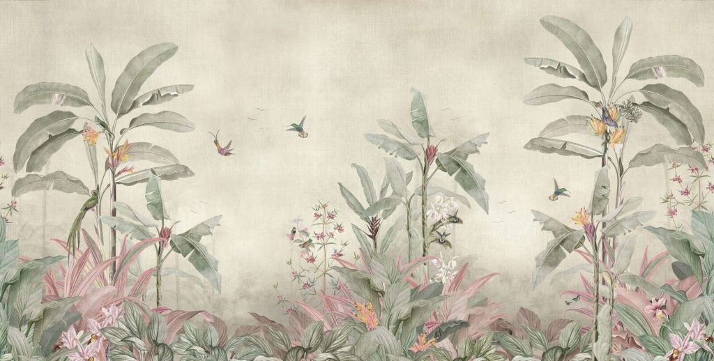 Kolibris zwischen weichen Bananenblättern.