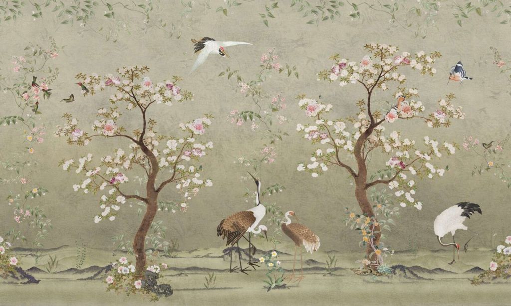 Blühende Kirschbäume mit Kranichen