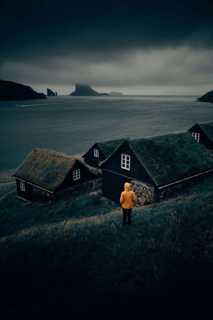 Grasdächer an einem nördlichen Fjord