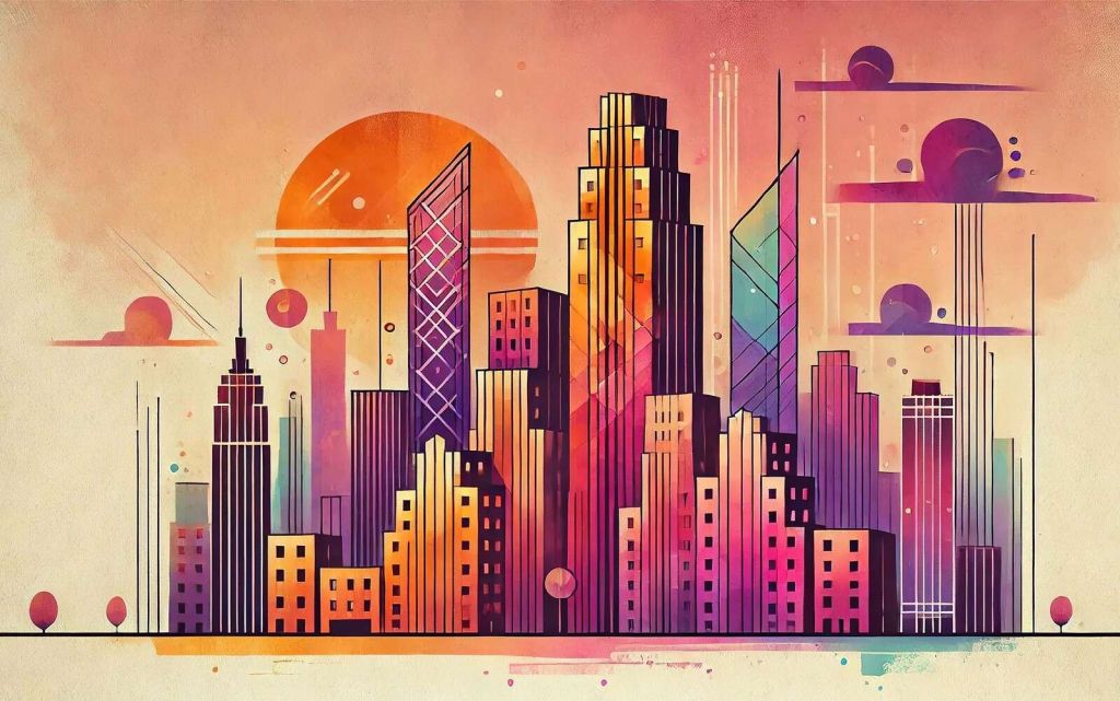 Farbenfrohe Stadt unter roter Sonne.