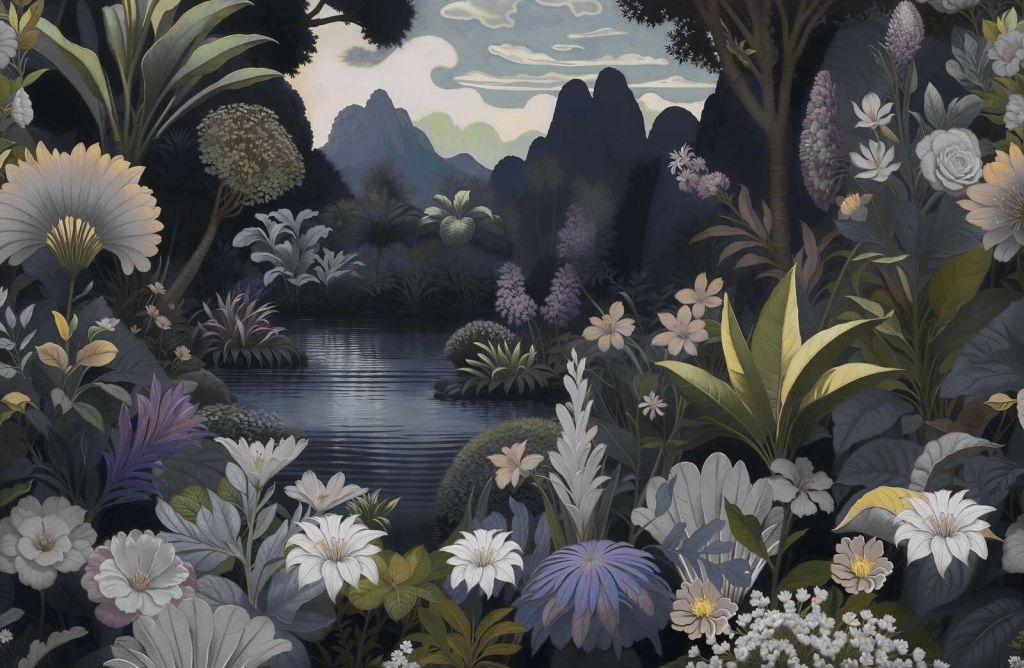 Mystische Berglandschaft mit Blumenmeer