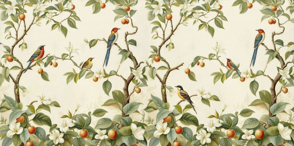 Vintage Singvögel in Obstbäumen
