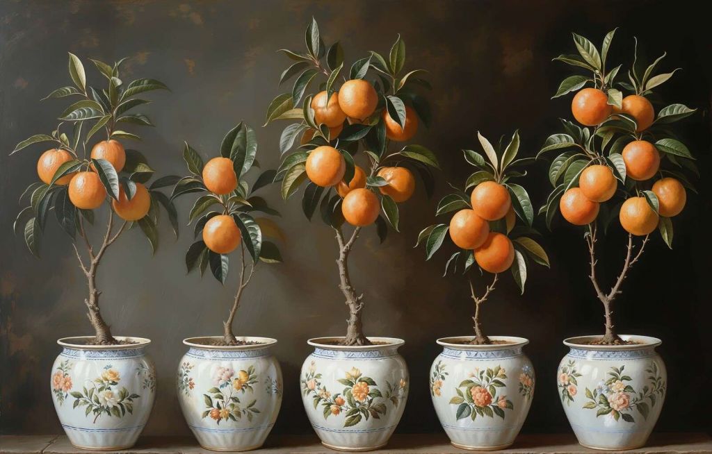 Orangenbäume in eleganten Blumentöpfen