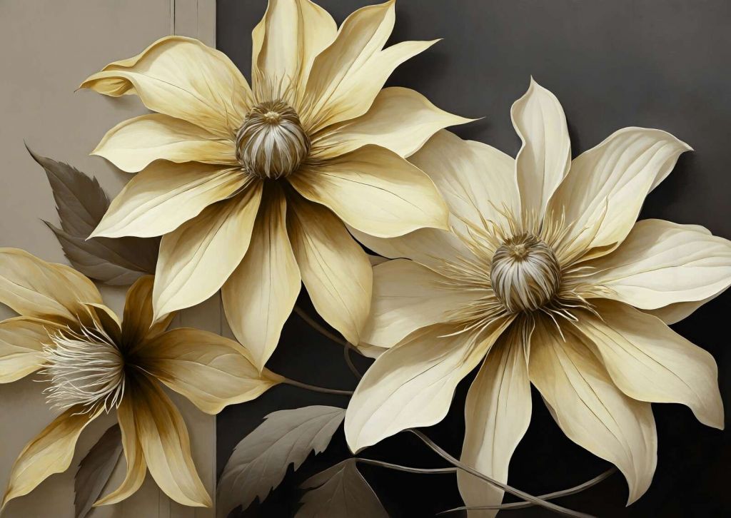 Goldene Clematisblumen auf Dunkelheit