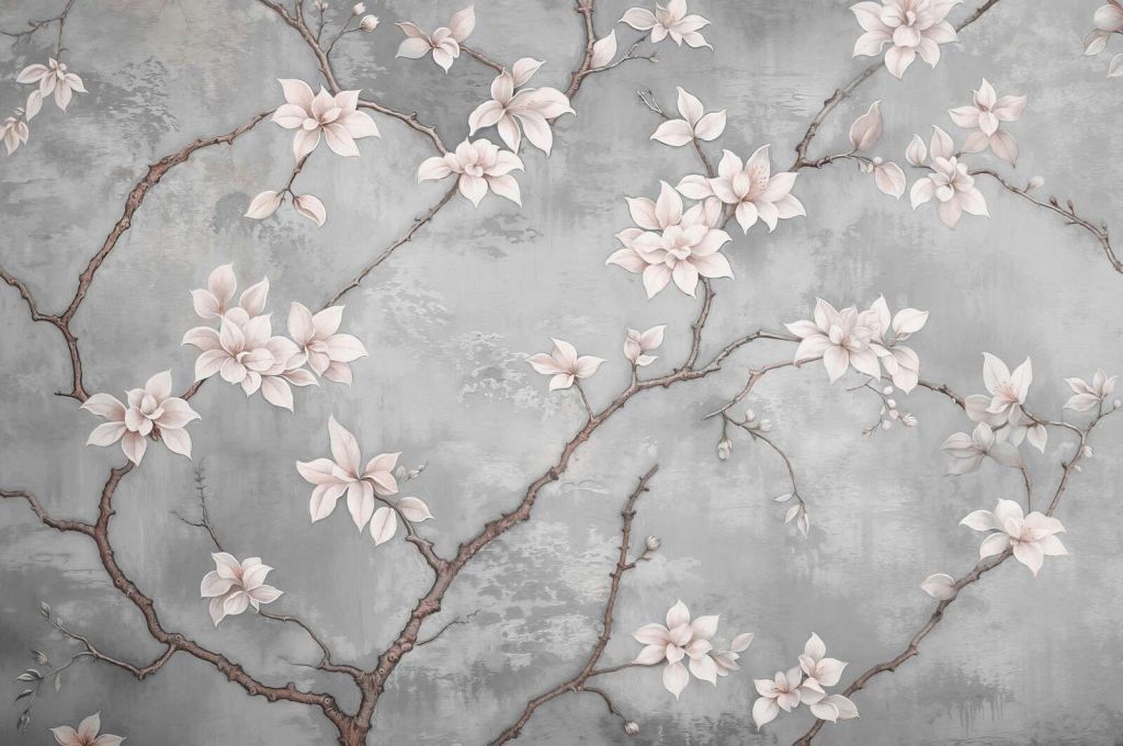 Weißer Magnolienzweig auf Nebelgrau