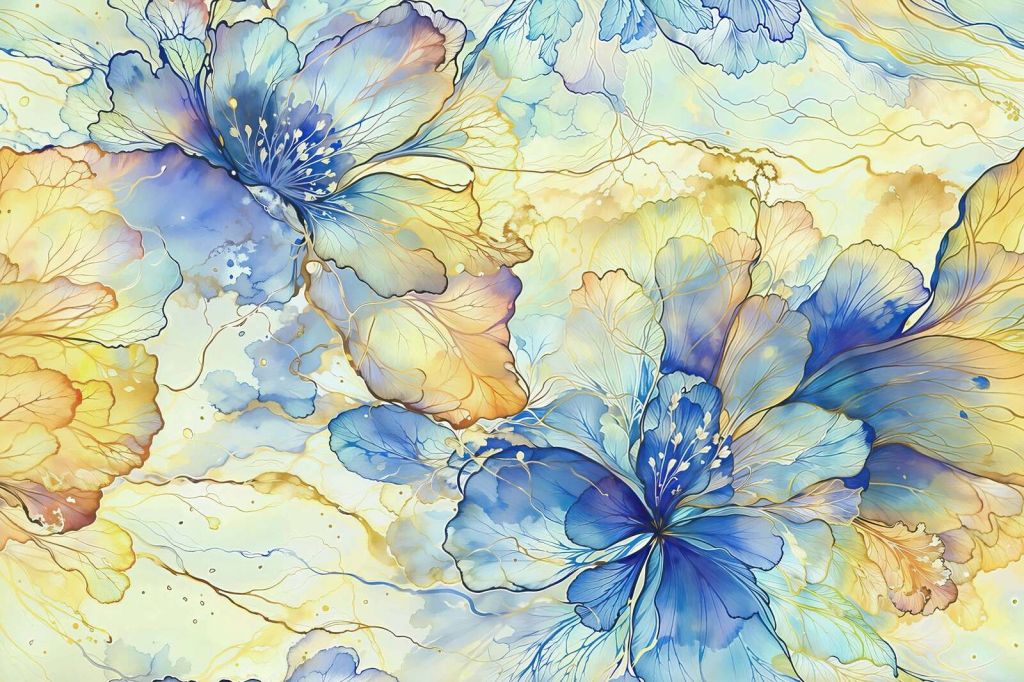 Aquarellblumen in Blau und Gold