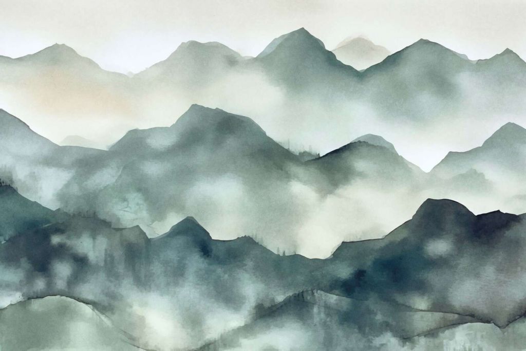 Aquarell-Landschaft mit nebligen Bergen