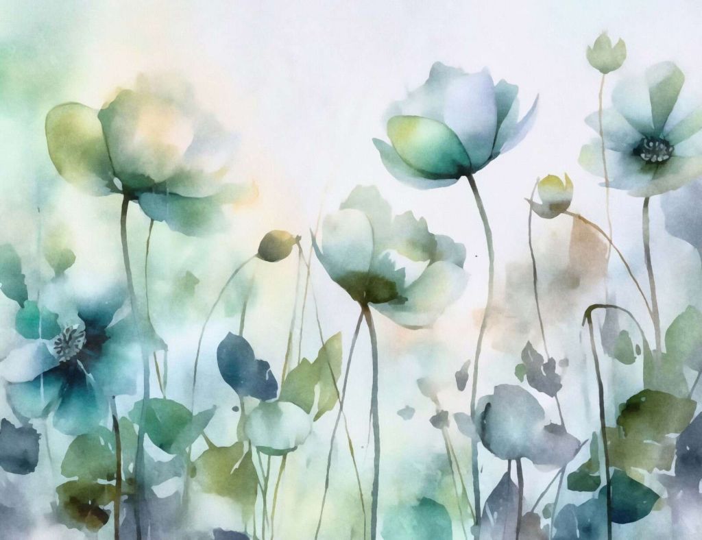 Ätherische Wiesen-Aquarellblumen in Blaugrün