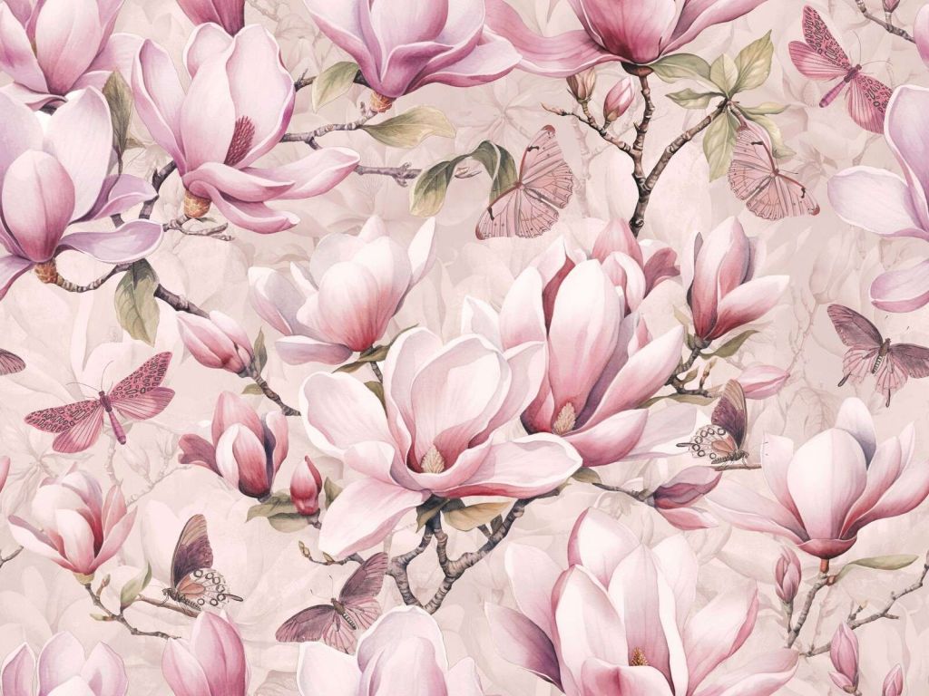Magnolia and butterfly pastel pink
