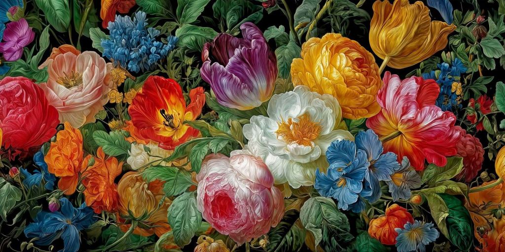 Üppige Blumen auf schwarzem Hintergrund