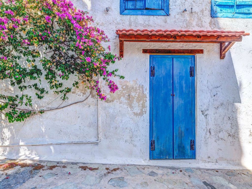 Blaue Tür mit Bougainvillea