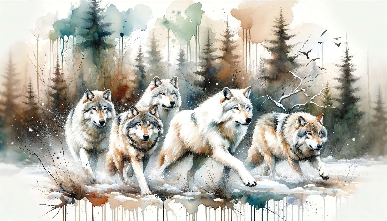 Fototapete - Watercolor Pack of Wolves - Fototapete, image size:1600x914