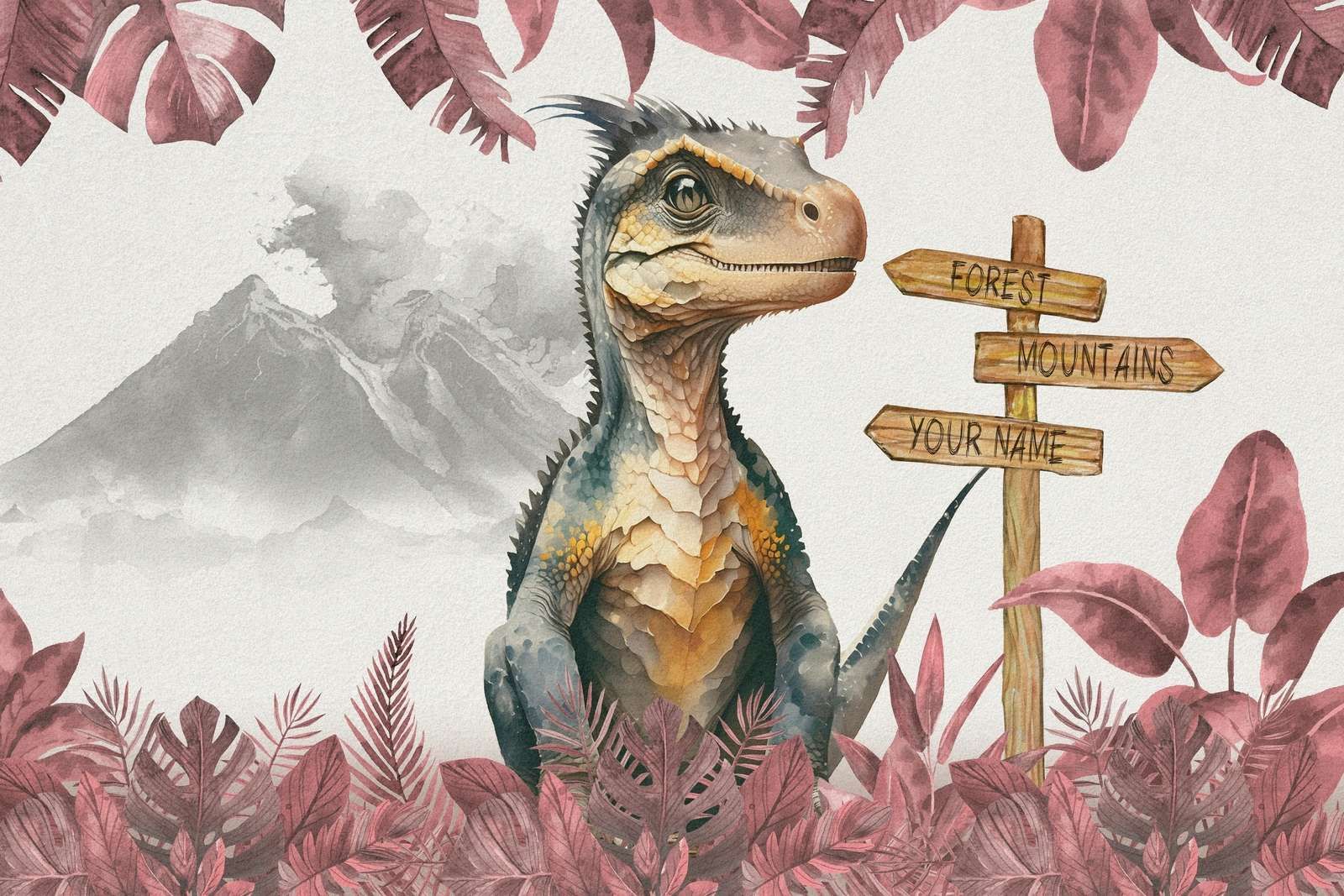 Baby-Velociraptor im rosa Dschungel