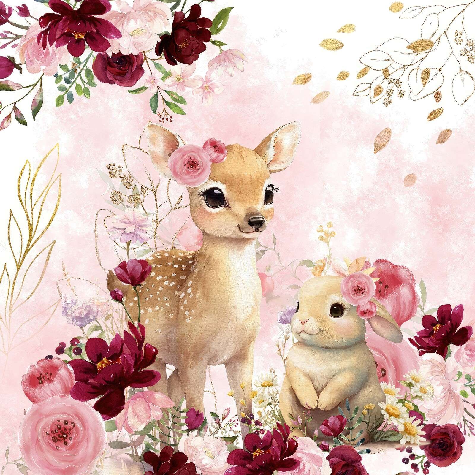 Hert und Kaninchen in Blumenpracht