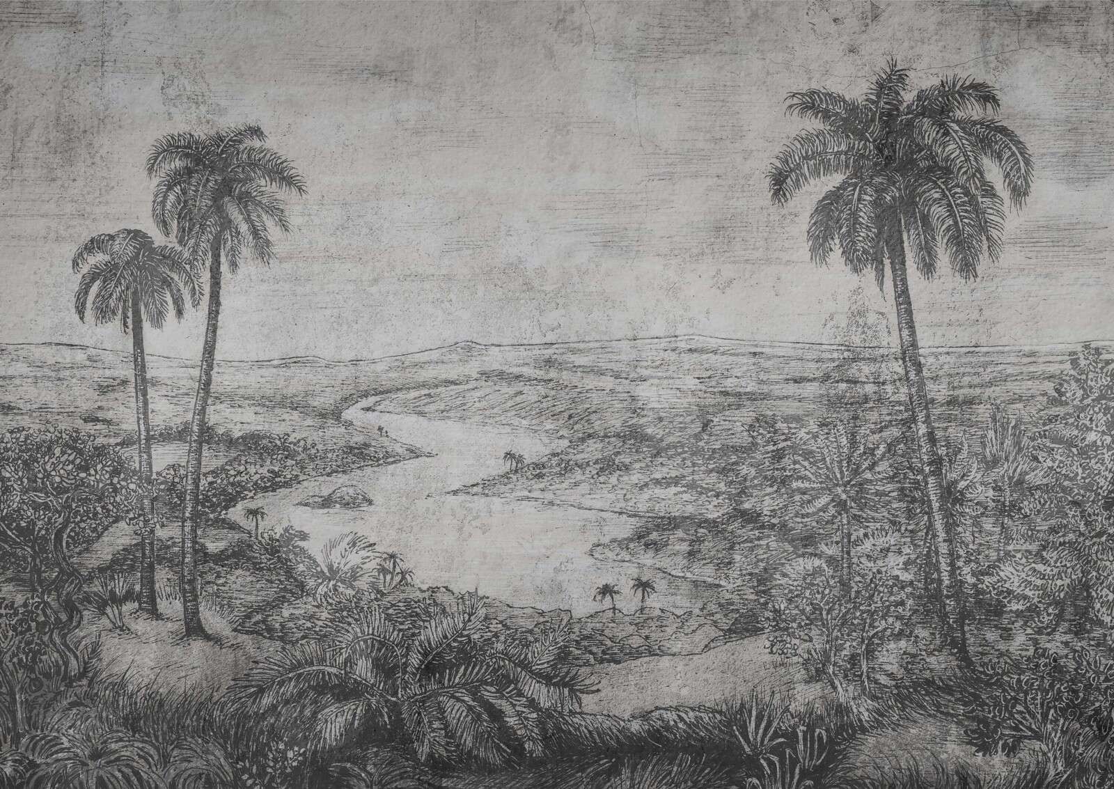 Palmenlandschaft im grauen Gravurstil