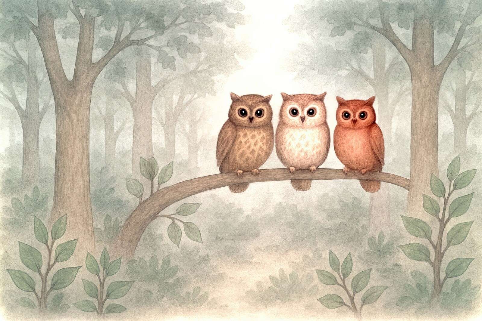 Drei Eulen im Wald.