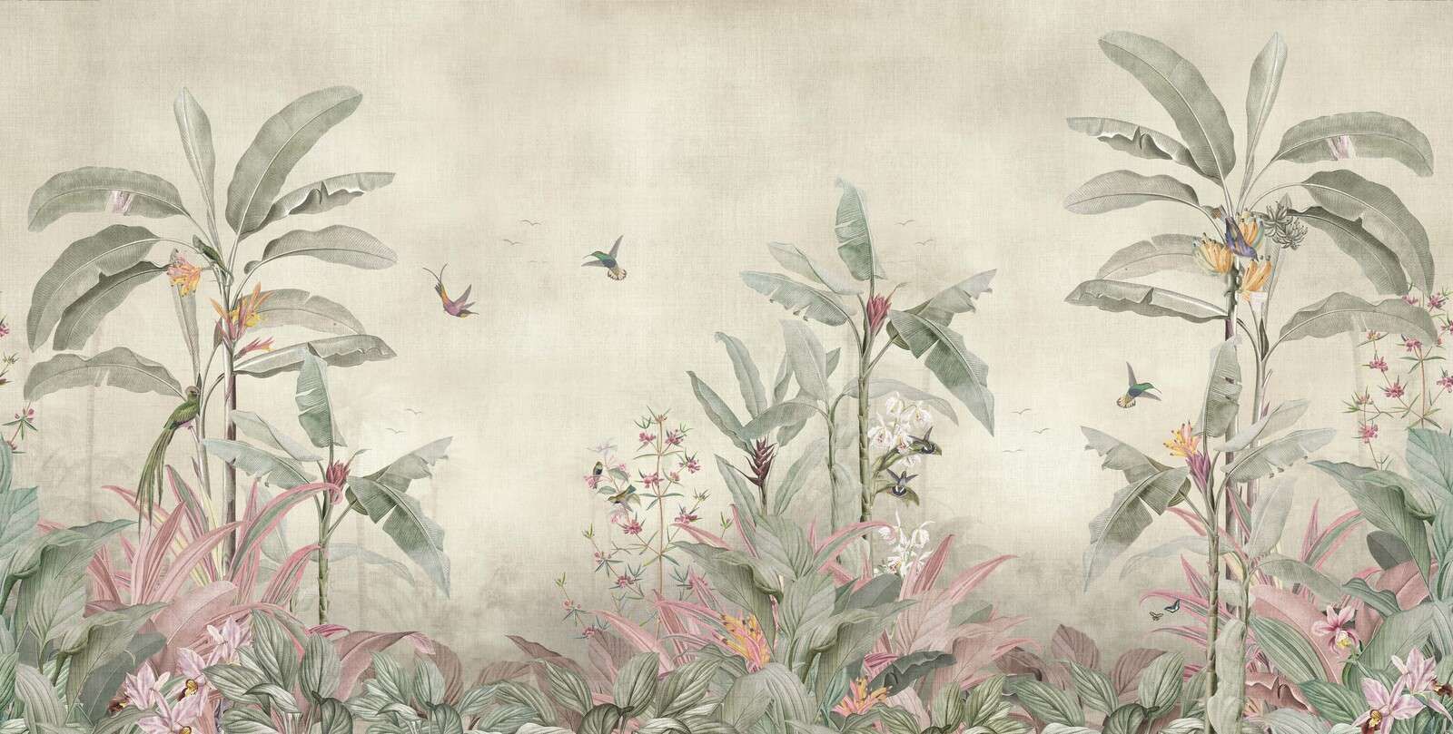 Kolibris zwischen weichen Bananenblättern.
