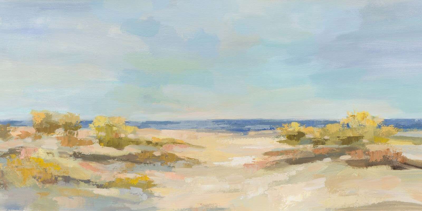Sunny dunes by a quiet sea.