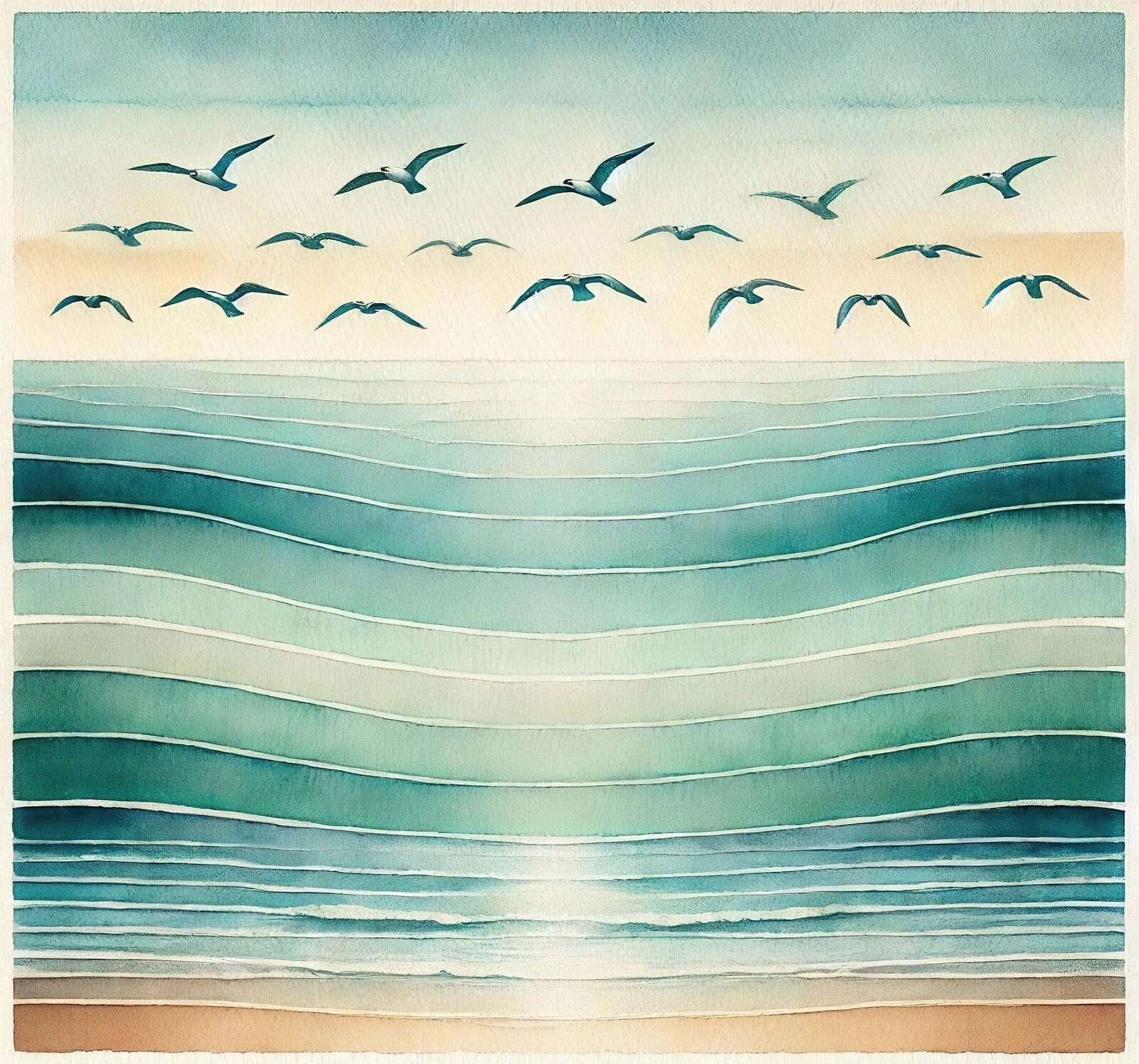 Sommerliches Meer mit fliegenden Möwen.