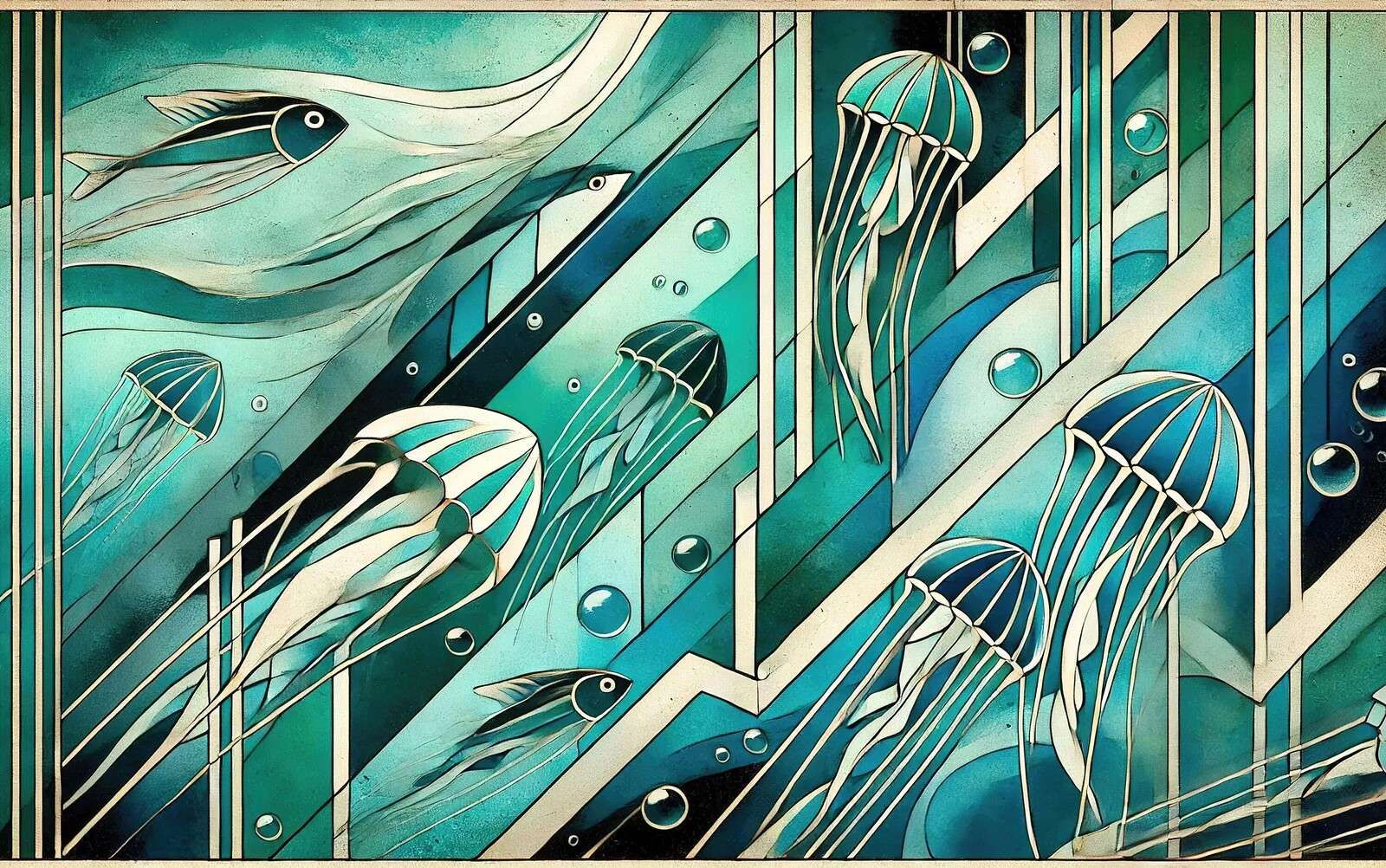 Unterwasserwelt mit Quallen in Art-Déco-Linien