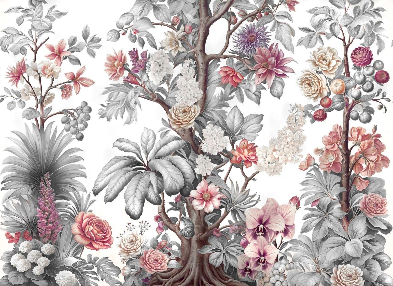 Botanischer Blütenbaum in Graustufen