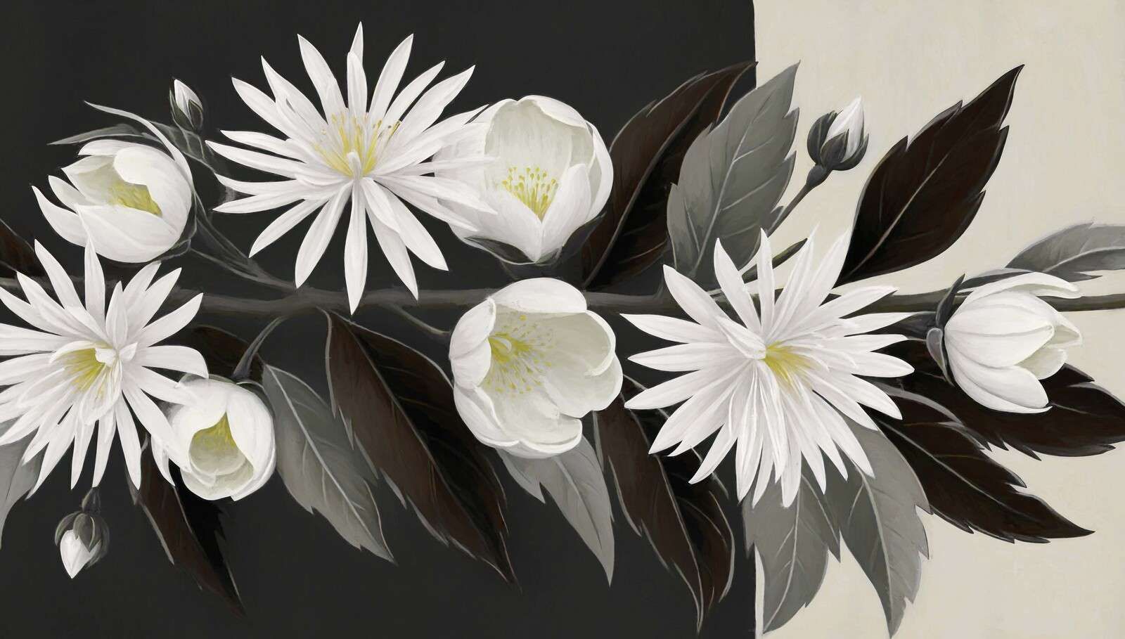 weiße Clematis auf dunklem Ast