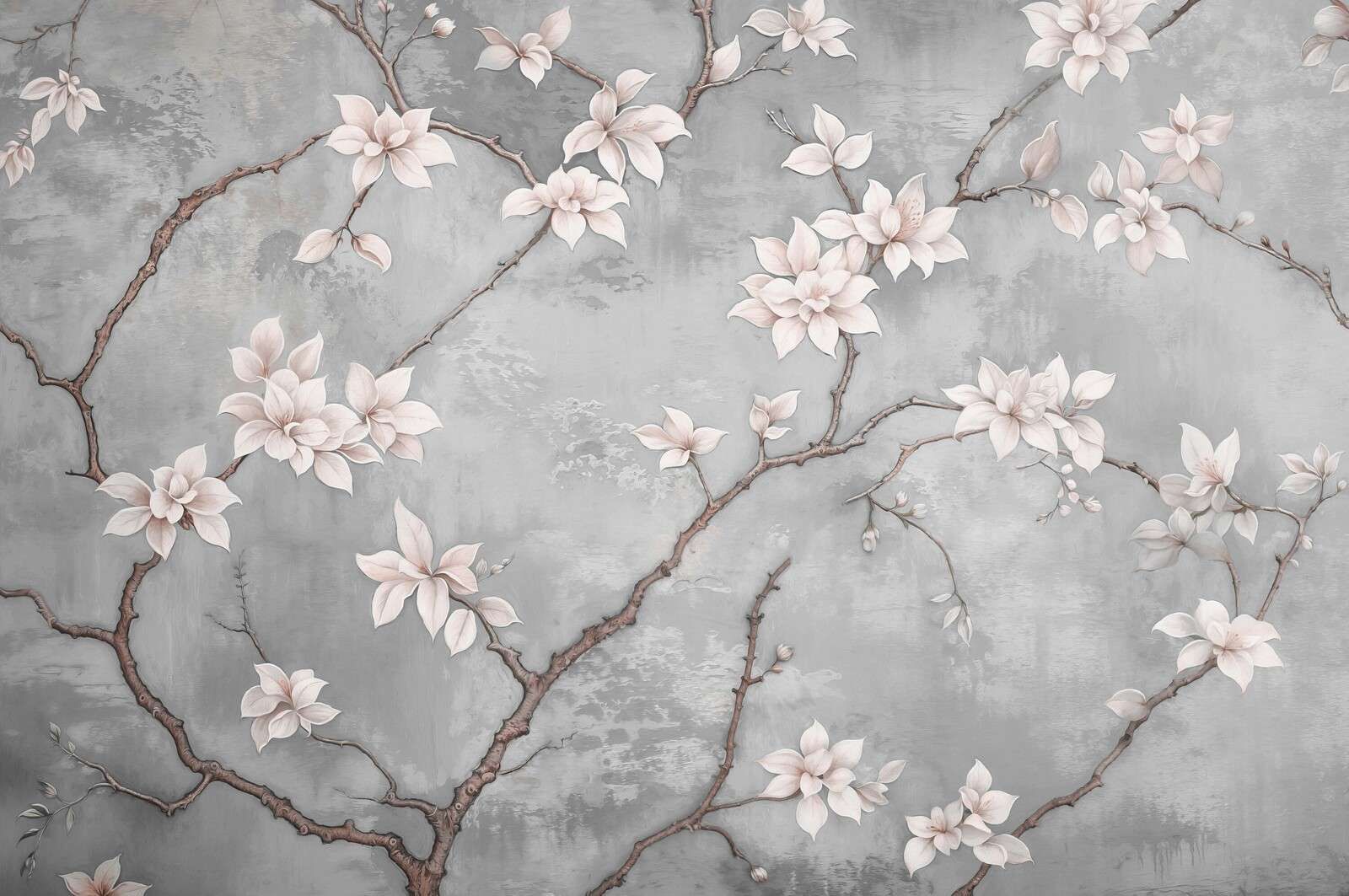 Weißer Magnolienzweig auf Nebelgrau