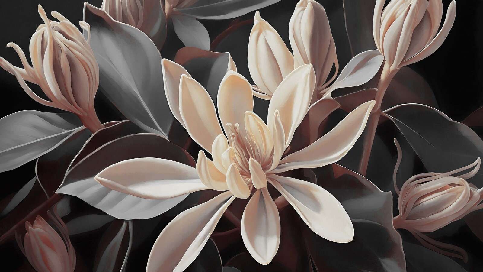 Cremefarbene Magnolienblüten auf dunkel